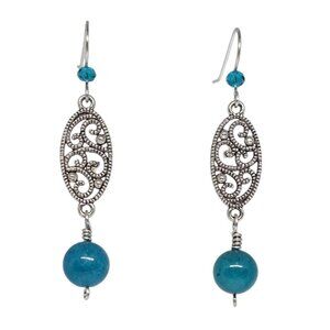 Blue Apatite Gemstone Beaded Silver Pendant Dangle Boho Earrings - Handmade